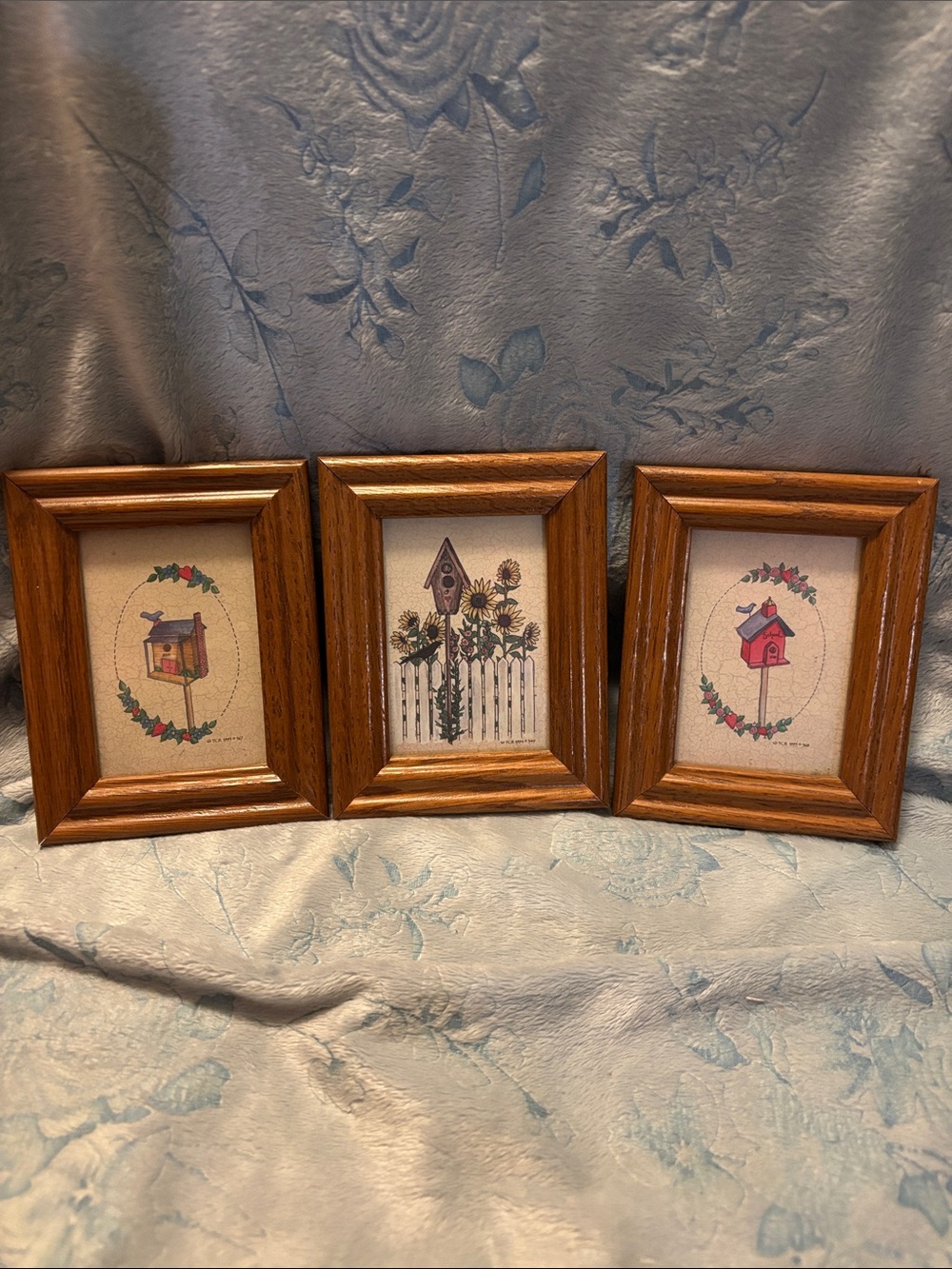 Wooden Frame Trio with Botanical & Birdhouse Prints - Brown